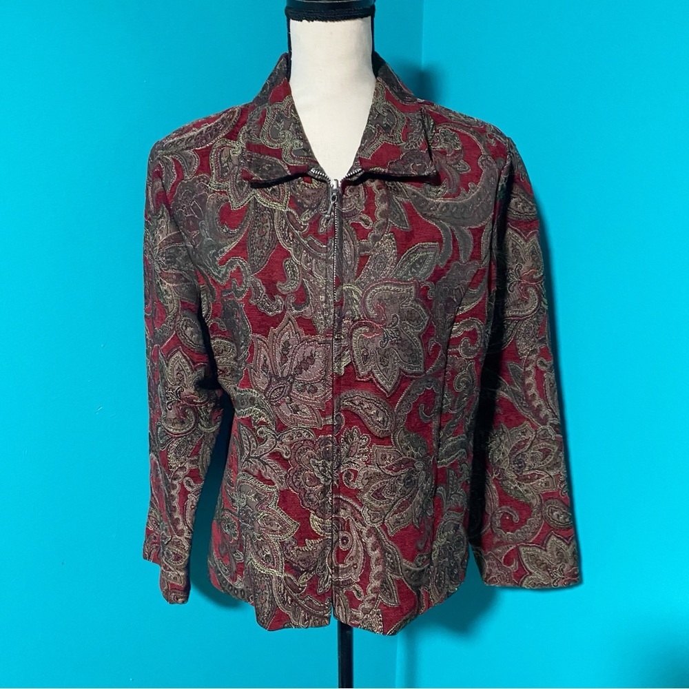 Vintage First Option L Red Jacquard Zip Up Collared Jacket